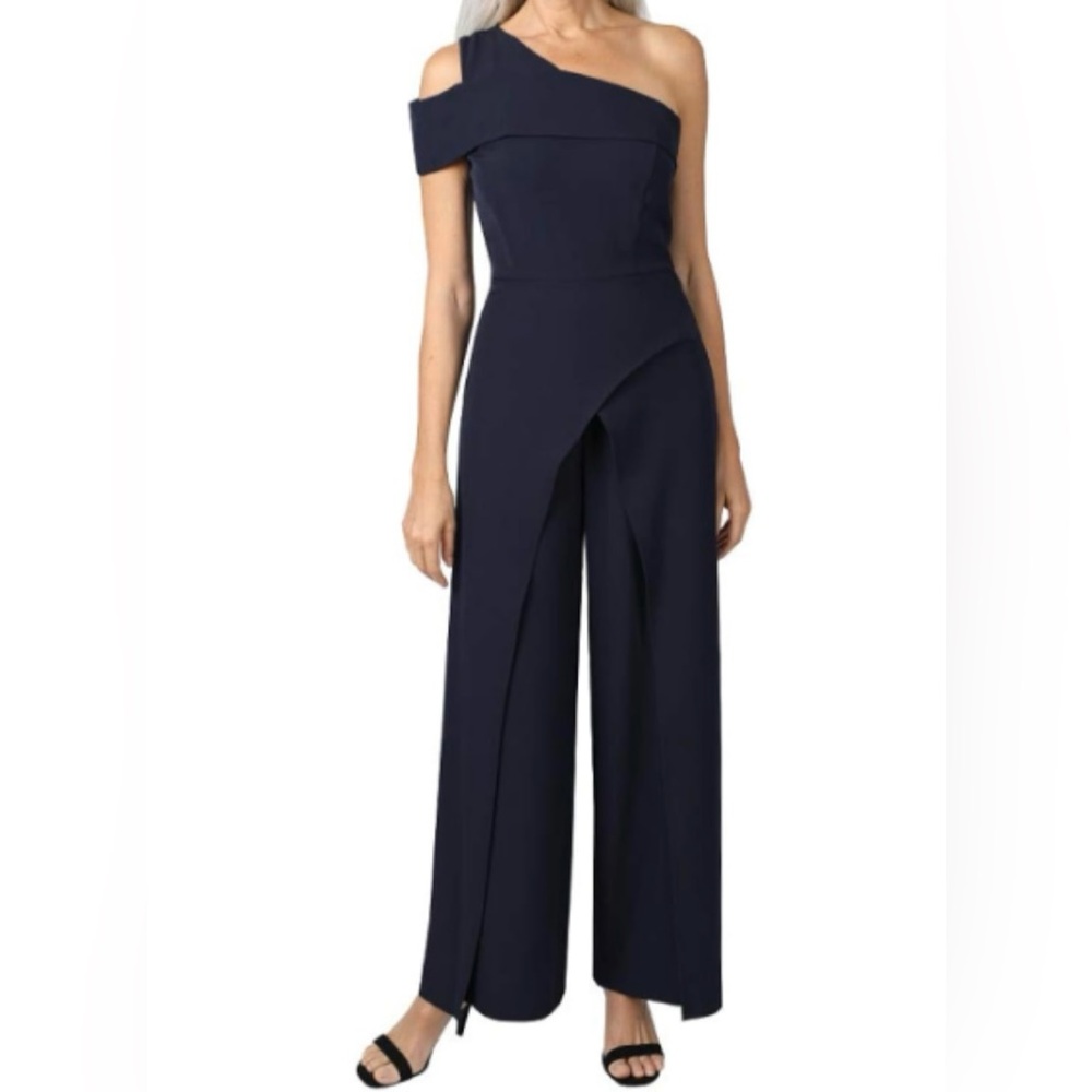 Marina Womens One Shoulder Navy Jumpsuit Size Medium Wedding Guest Party